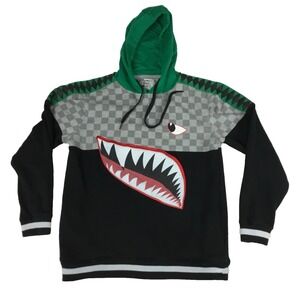 Bleecker & Mercer Shark Mouth Graphic Hoodie Black Gray Green‎ Checkered Large